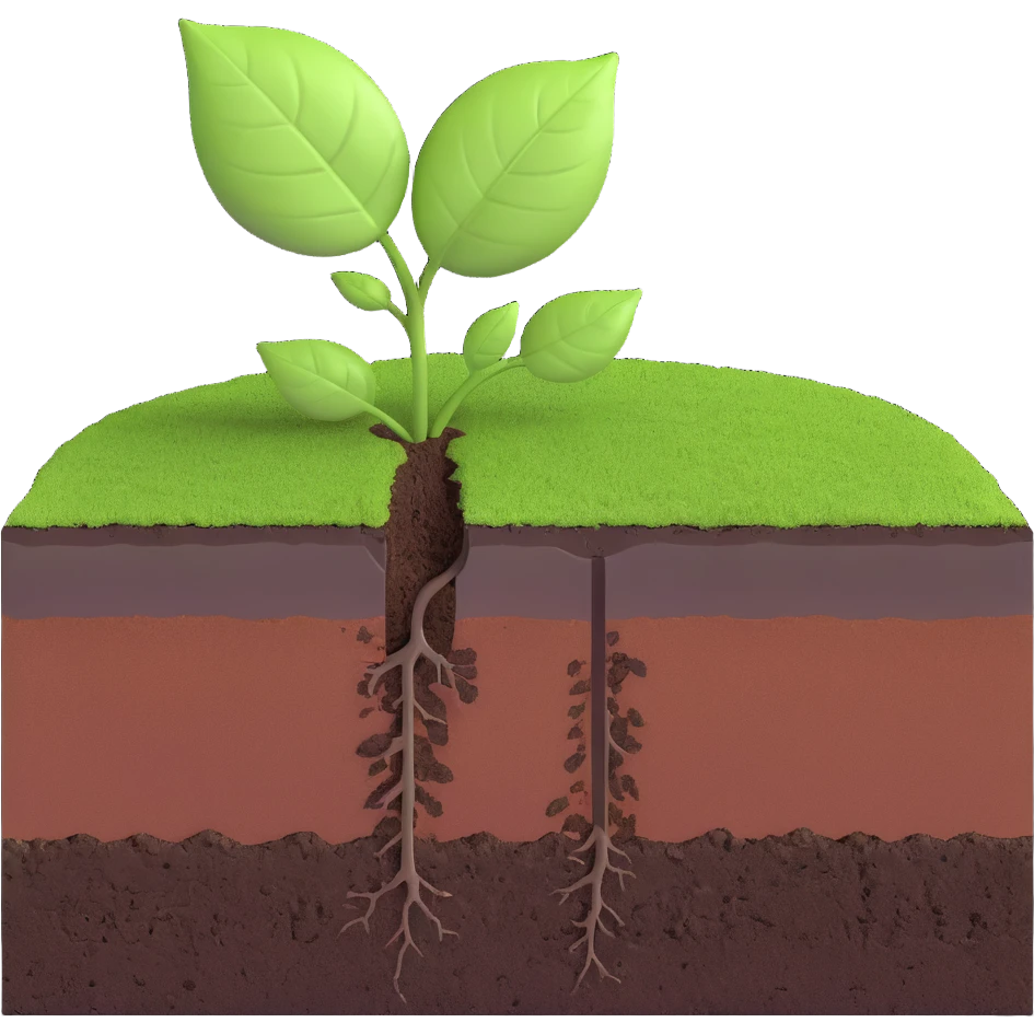 A fresh green leaf resting on the surface of a cross-section of the Earth, where soil and underground layers are visible beneath. Natural lighting, realistic textures. emoji