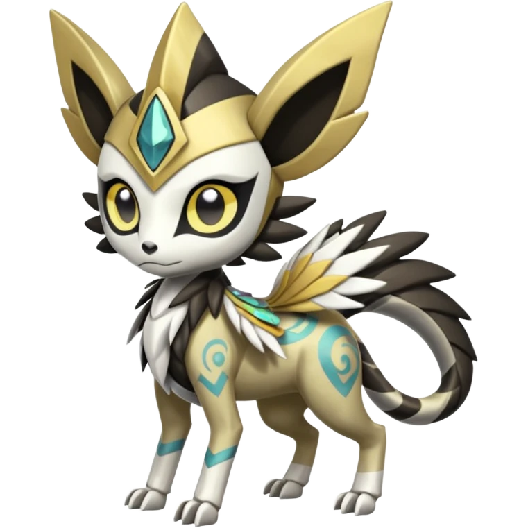 Arrow-patterned chevron-marked Cute Big-eyed anime-styled Colorful Shiny Tribal Skeletal masked armored Meloetta-Silvally-Solgaleo-Raikou-Pokémon-Digimon-Fakémon-fusion-hybrid-creature, full body emoji