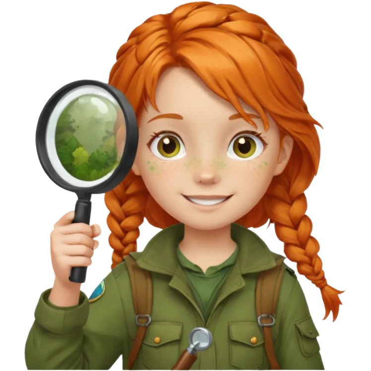 braid orange haired girl kid in moss green explorer outfit, holding magnifying glass, smile emoji