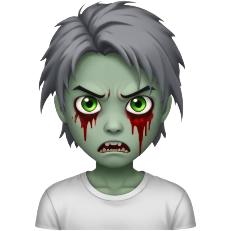 3D emoji-style avatar with grey zombie skin, dark brown hair, a young Asian face, and large green eyes with blood tears. Give it white litle bit messy middle hair style , silver hoop earrings, and a plain white T-shirt. The face expression should be slightly angry, with vampire fang emoji