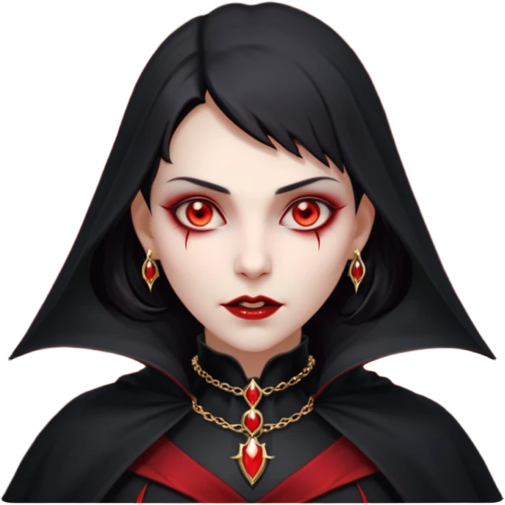 vampire village woman portrait, head and shoulders only, dark gothic cloak collar, sharp fangs, red glowing eyes, elegant yet eerie expression, subtle jewelry, 3D cartoon, mobile game icon style, clean background, no text, no watermark emoji