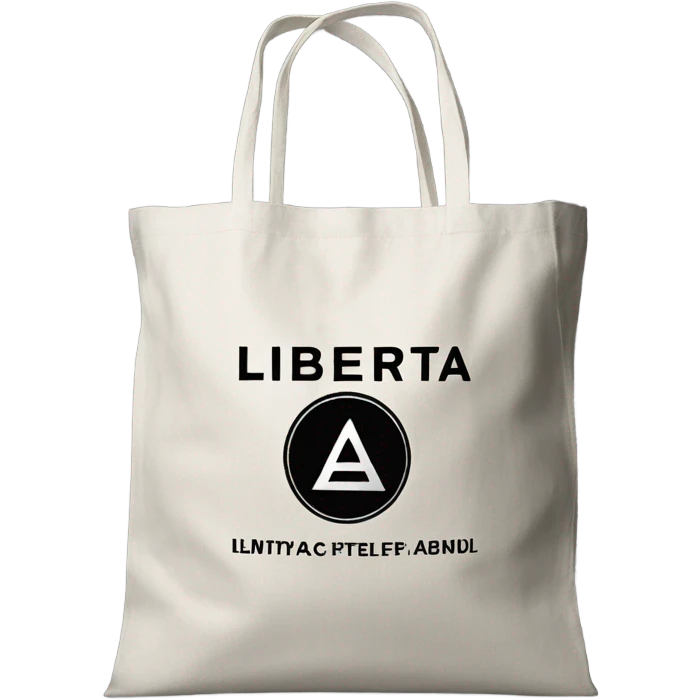 eco-friendly bag of gray color with black inscription liberta with a fabric wheel inside emoji