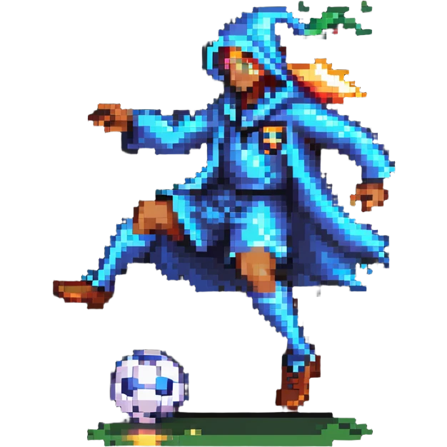 pixel art of a footballer in a wizard robe kicking a glowing soccer ball emoji