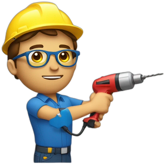 electrician brown hair yellow skin with blue shirt head with a power button on it. with golden glasses with a red drill in his hand emoji