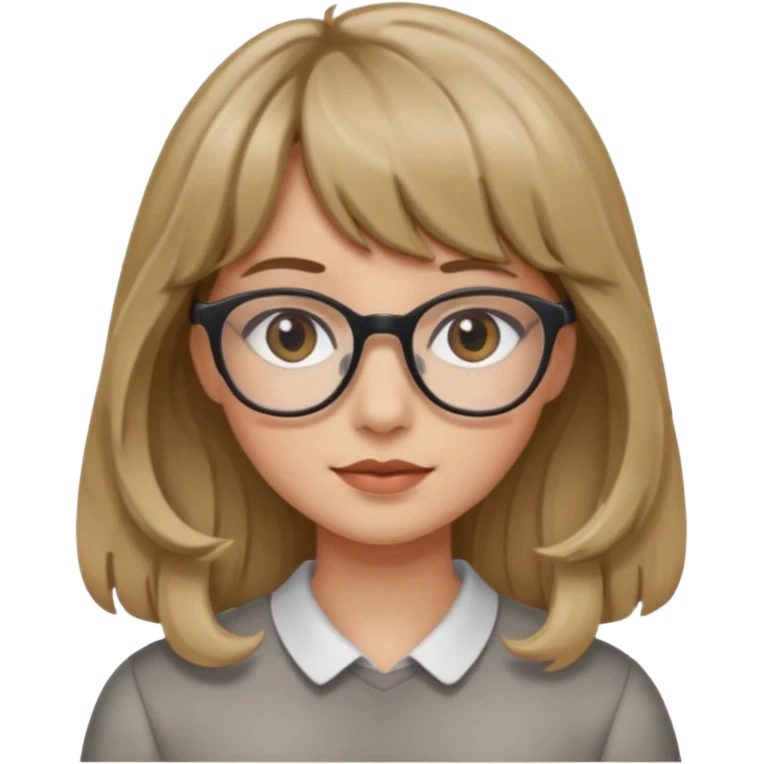 Uma garota de cabelo ondulado loiro escuro,mas com franja lisa e olhos pretos,usa óculos e a cor de pele branca emoji