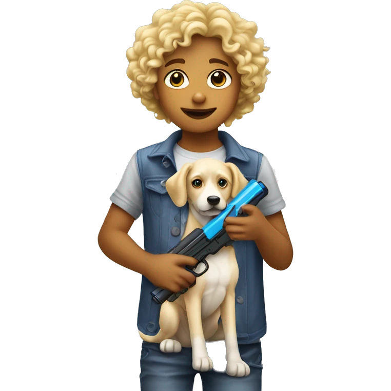 Make a blonde kid with curly hair holding a water gun at a dog emoji