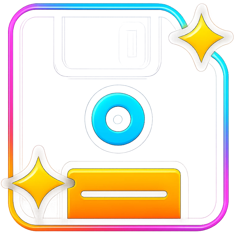 save icon with dark purple, blue, and black base, bright accents, complex gradients, stars, bright neon border, modern recognizable abstract save symbol, glow and lighting effects, sophisticated futuristic icon style emoji