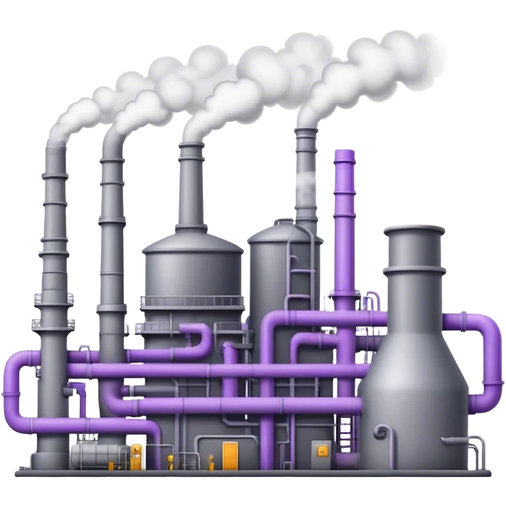 An emoji of an industrial factory in realistic gray tones, with pipes and smokestacks. Instead of smoke, soft neon violet energy or light particles flow out, symbolizing AI power and efficiency emoji