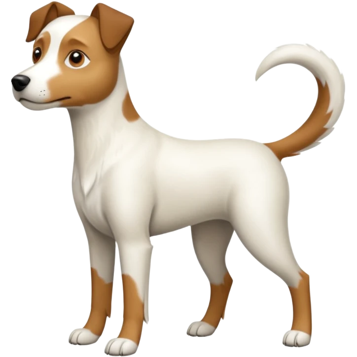 a full body large white parson russell looking dog the size of a kelpie with light brown flapped down ears and a light brown patch on one eye and a large snout emoji