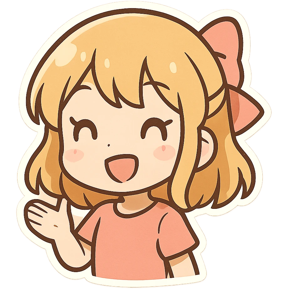 blond girl with a pink bow at the back of her head, friendly expression, upper body, simple background, cartoon style, cute, cheerful emoji