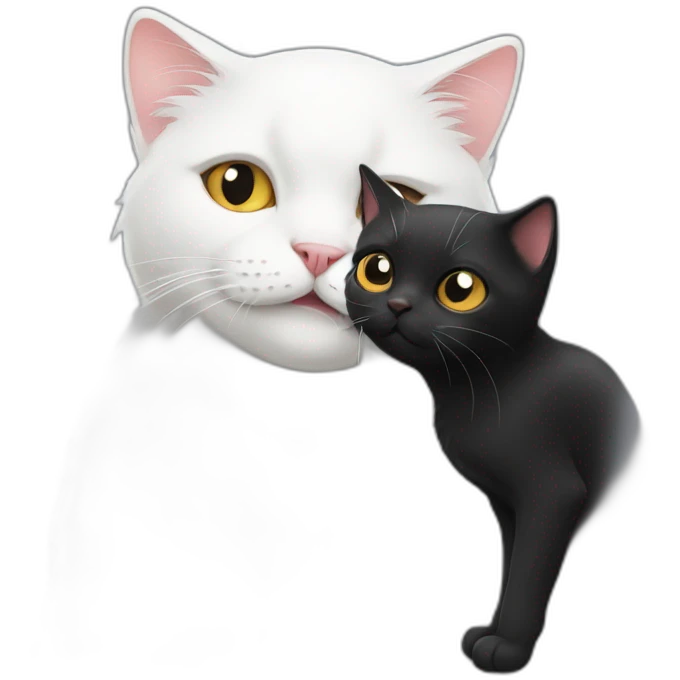 A white cat is licking a black cat emoji