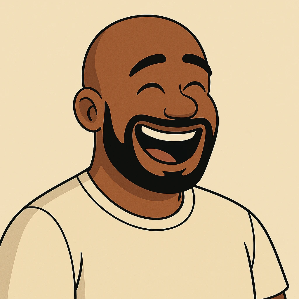 Change the expression to a laughing expression, in a cartoon style, keep the background. emoji