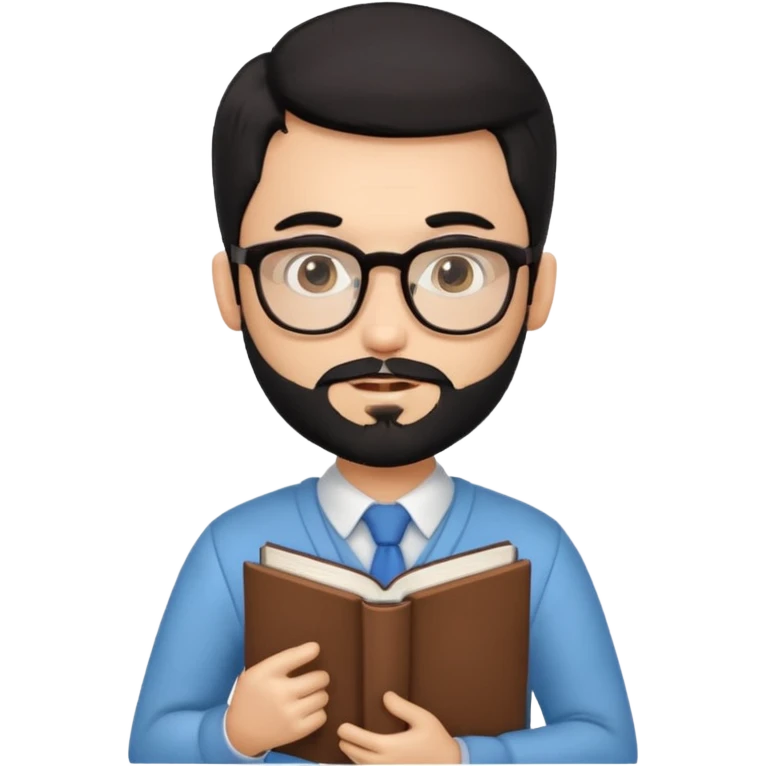 a pretty bratz teacher male with black hair, spectacles on, holding a book in hand and a chocolate in the other. bearded emoji
