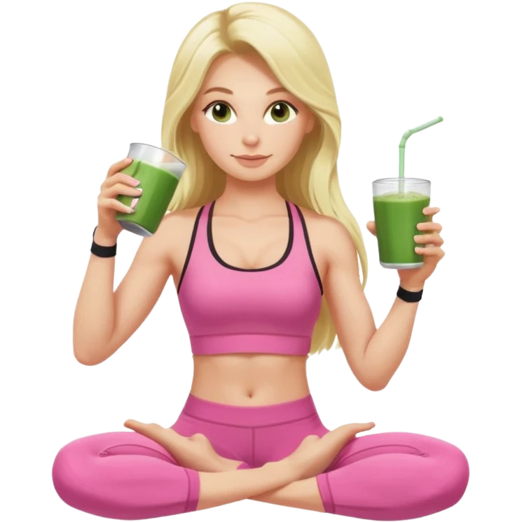 long haired blonde pilates instructor in pink drinking matcha in cute set with no straps and tattooed emoji