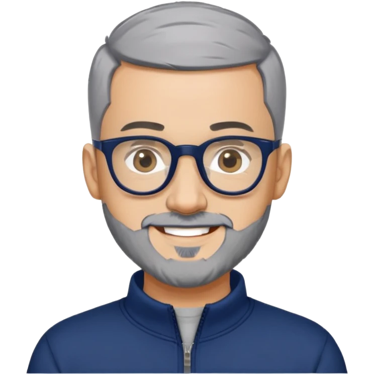 Man with light skin, extremely short black hair (military buzz cut), short peppered gray beard, large black-framed glasses, smiling face, navy blue zip-front sweatshirt with long sleeves emoji