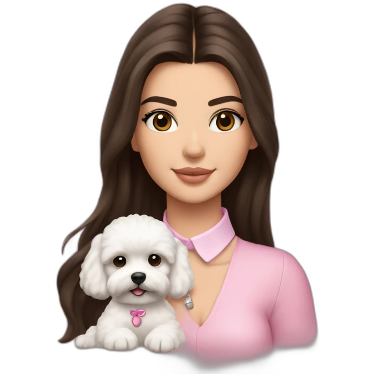 brunette Kendall Jenner with long hair holding on the hands white maltipoo in pink collar emoji