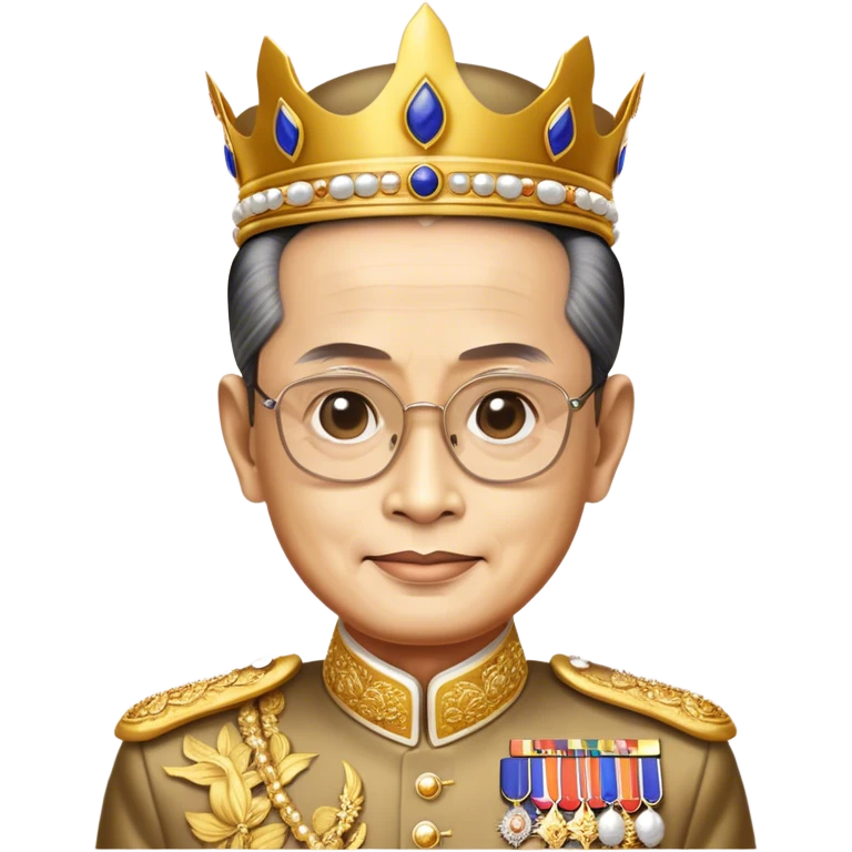 Cinematic Realistic King Bhumibol Adulyadej Portrait Emoji, depicted as a revered Thai monarch with a dignified expression and traditional royal attire, rendered with lifelike textures and soft regal lighting that captures his lasting legacy. emoji