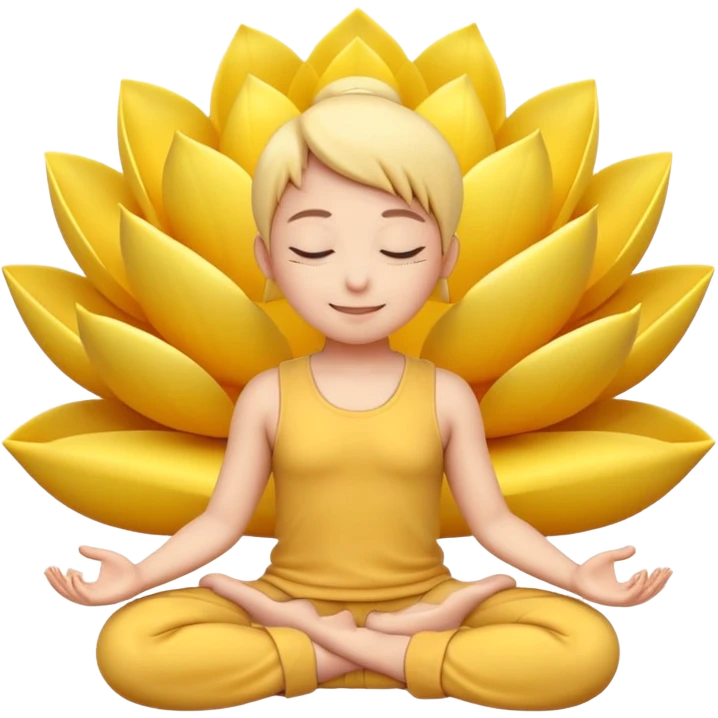 A 3D Apple-style yellow round emoji sitting in a lotus position, eyes gently closed, calm and peaceful smile, hands resting on knees with palms facing upward, relaxed eyebrows, soft glow around the emoji to symbolize inner peace, clean minimal background. emoji
