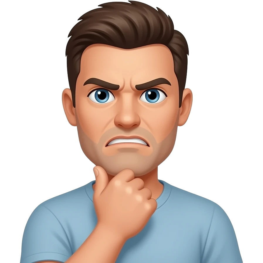 Guy with grumpy face, holding her fist up to, just below, her chin with STFU coming out of a word bubble emoji