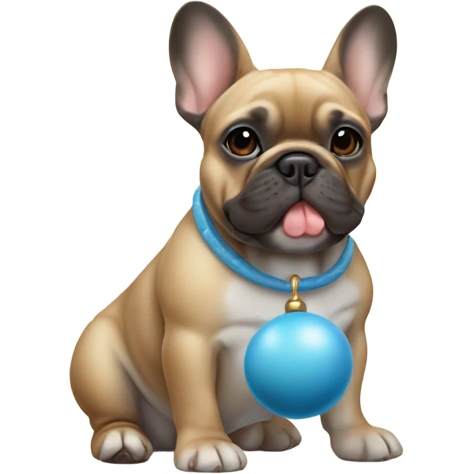 A blue and tan French bulldog with a baby rattle emoji