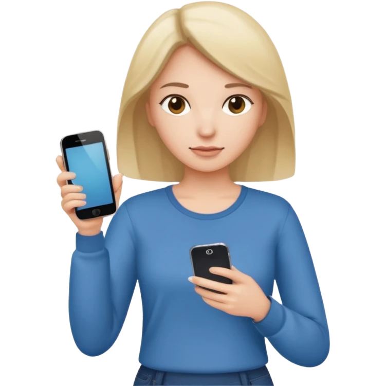 woman casual clothes holding just one phone in one hand and the other hand empty emoji