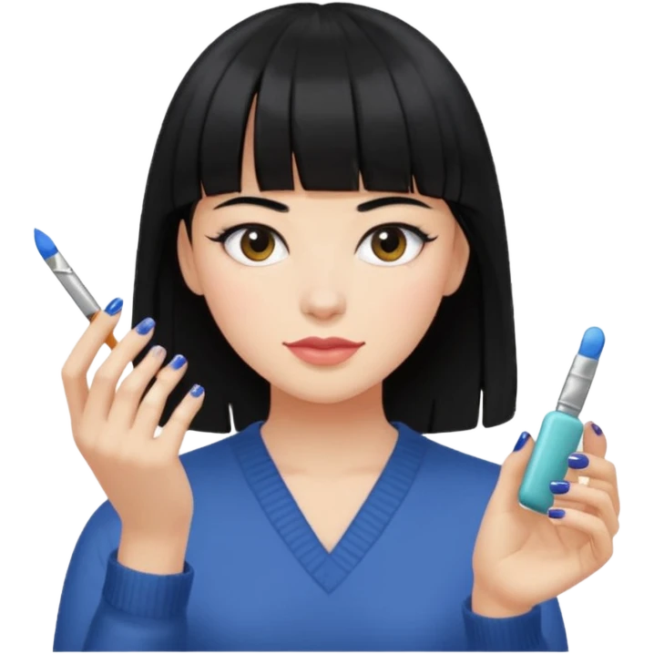 Person with black hair and bangs painting someone’s nails emoji