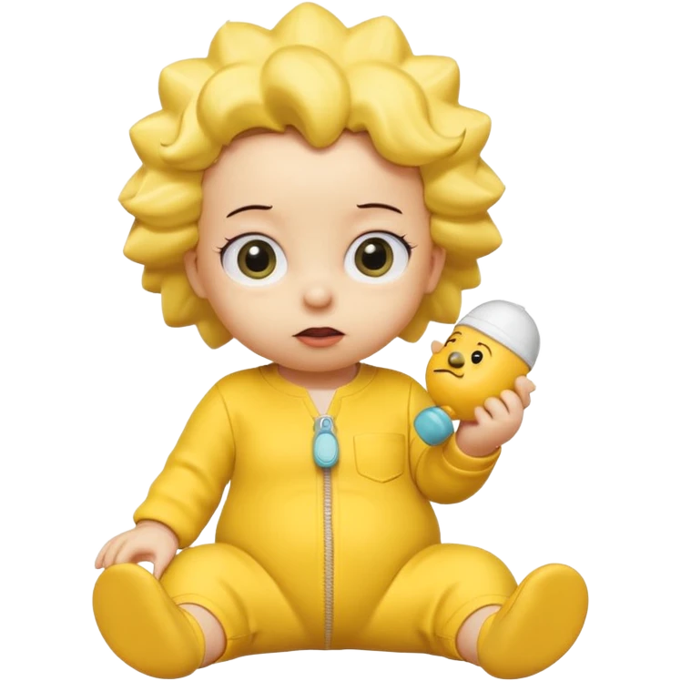 A 3D cartoon baby character yellow skin, styled like Maggie Simpson, with pacifier, yellow onesie, big eyes, smooth shading, Memoji-style rendering, consistent with other yellow Simpsons characters. emoji
