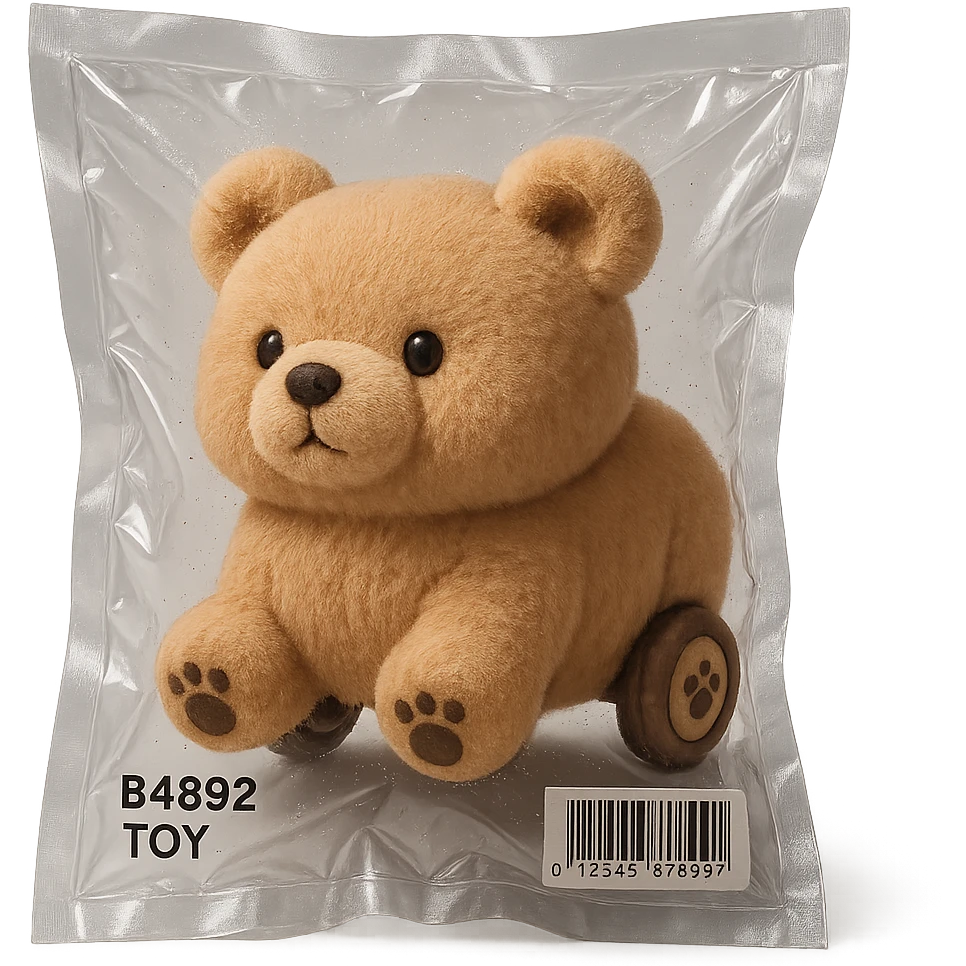 fluffy bear vacuum cleaner with tiny paw wheels, rolling adorably, soft brown pastel, full-body emoji