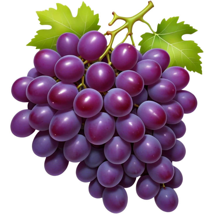 Cinematic Realistic Grapes Emoji, Clustered together in rich purple hues, with smooth, plump skins reflecting light in a glossy, delicate sheen. The stems curve slightly, holding the clusters together like a sweet, natural treasure. Soft glowing outline, capturing the essence of natural sweetness and richness in a bunch of ripe grapes! emoji