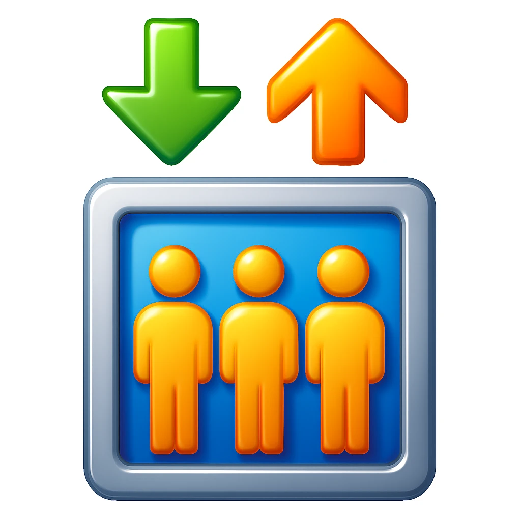 Convert the elevator icon to a colorful and glossy 3D emoji style. Keep the main elements: three people inside an elevator with up and down arrows above, rendered in a vibrant and shiny 3D emoji look. emoji