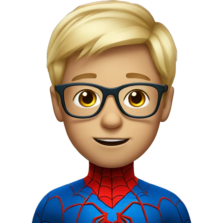 little blond boy with glasses with spider-man costume emoji