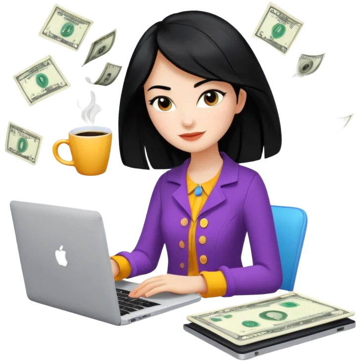  woman character with laptop and coffee in Paris, dollars coming out from the screen floating, colorful chic outfit, white laptop, Pixar style, black hair, fair skin,  emoji