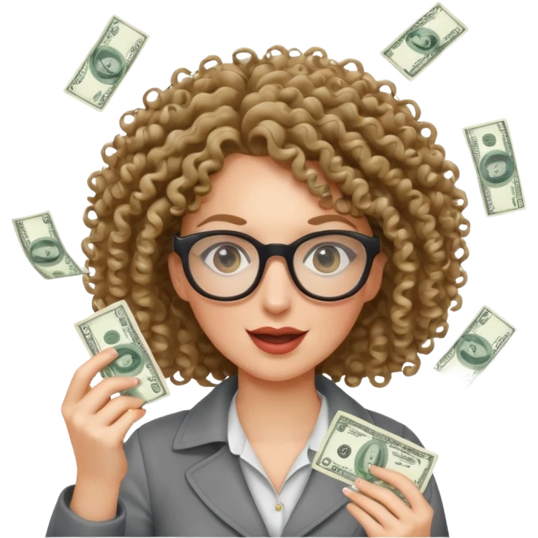 curly haired white woman with glasses tossing dollar bills emoji