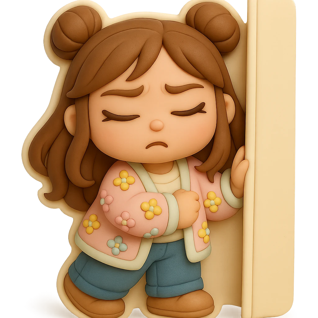 3D chibi fondant cake art style, high-quality rendering with smooth shadows and soft gradients. Girl based on reference image with preserved facial features and eye shape, long brown hair in two space buns, brown eyes, jeans, pastel floral cardigan, shoes, thick white outline like a sticker. Closing her eyes in fear. Ensure the face, hairstyle, eye shape, and shoes match the reference exactly. emoji