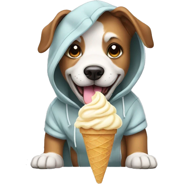 A dog wearing a hoodie and eating ice cream emoji