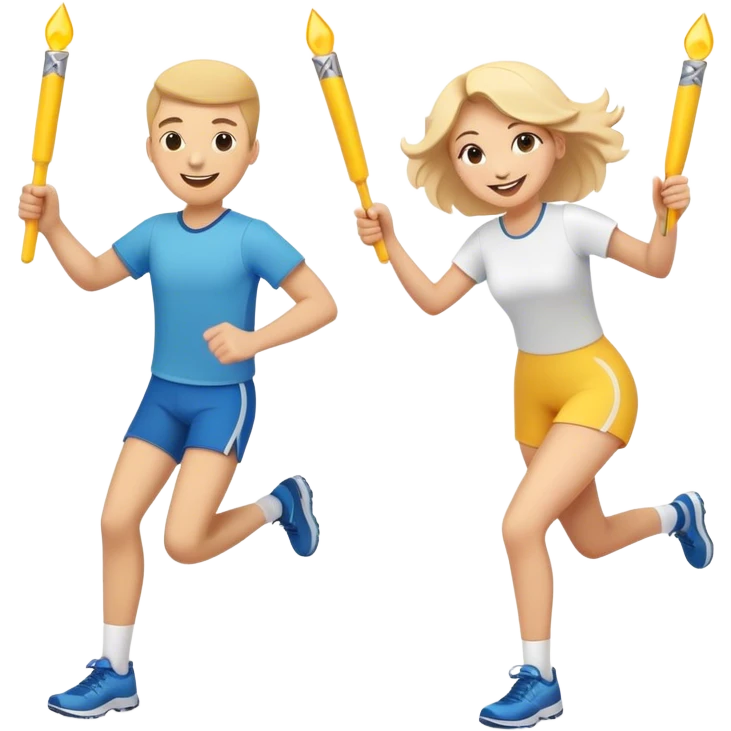 Show two happy team members passing a bright baton in a relay race. One girl, young woman and a young man with all sorts of happy smiley emojis in the air.  Add the words Rejuvenation Break at the top in fun lettering emoji