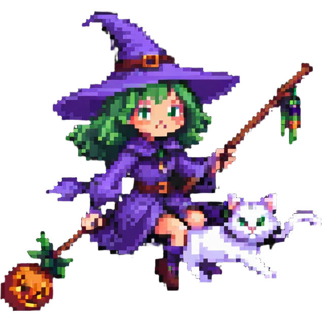 witch on a broomstick with a cat familiar emoji