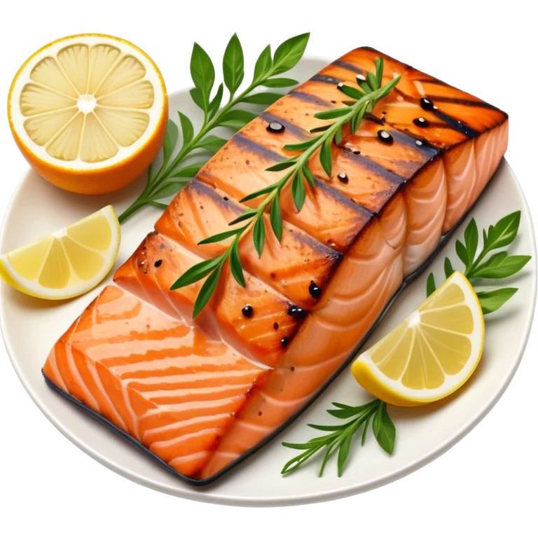 Cinematic perfectly grilled salmon, rich orange hues with crispy skin, garnished with fresh herbs, drizzled with lemon, ultra-detailed and delicious. emoji
