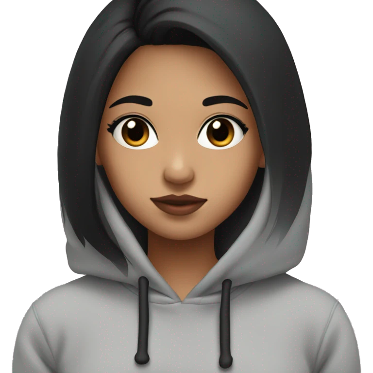 girl wearing a grey and black hoodie, pretty, black hair, black eyes, pink lips, facing the side a little bit emoji