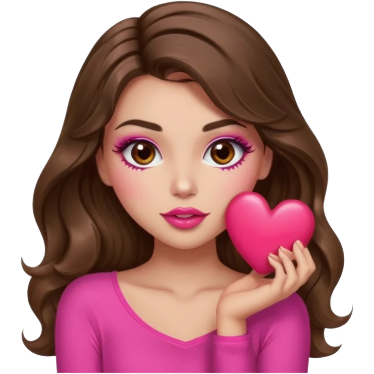 girl with long wavy brown hair, brown eyes, long lashes makeup, sexy pink lips, light to medium complexion, wearing a pink sexy top, sexy , puckering, blushing, kissing a heart sexy emoji