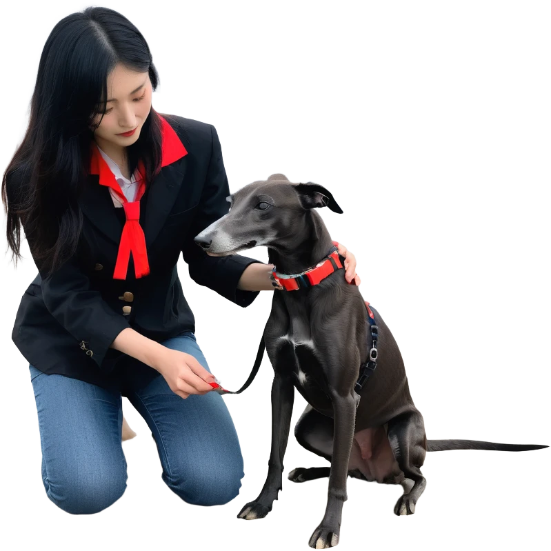A very beautiful and attractive 25-year-old Japanese woman with long flowing black hair gently petting a PURE SOLID DARK GREY whippet wearing only a bright RED COLLAR on a beach at night under a starry sky. The whippet MUST be 100% SOLID DARK GREY with ABSOLUTELY NO WHITE MARKINGS ANYWHERE - specifically NO WHITE on face, NO WHITE on chest, NO WHITE on paws, NO WHITE anywhere - ENTIRELY ONE CONSISTENT SOLID DARK GREY COLOR throughout the entire dog from nose to tail tip. Only exception is the bright red collar. Deep blue night sky filled with bright stars, moonlight reflecting on the ocean, sandy beach in the foreground. emoji