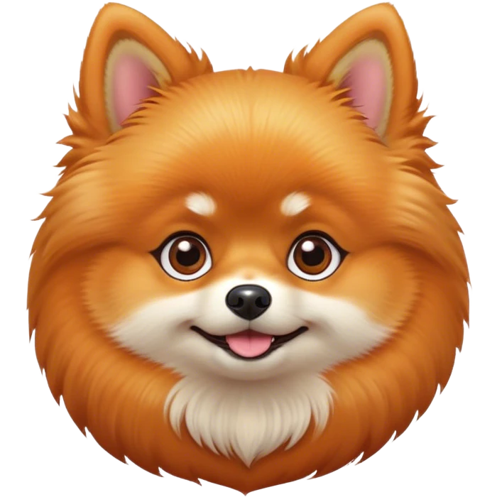 Cinematic Cute Orange Pomeranian Portrait Emoji, Head tilted playfully and inquisitively, featuring a luscious, fluffy orange Fur with a natural sheen, round, sparkling brown eyes filled with curiosity, Simplified yet irresistibly adorable features, highly detailed, glowing with a warm, friendly glow, high shine, affectionate and lively, stylized with a touch of whimsy, bright and endearing, soft glowing outline, capturing the essence of a mischievous yet loving pup, so playful it feels like it could scamper out of the screen and into your arms! emoji