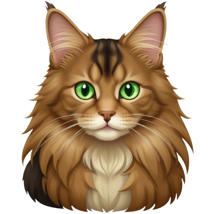 A light brown and black long haired Maine coon cat with green eyes sitting emoji
