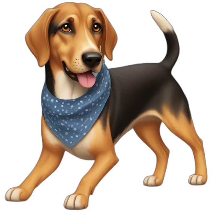 coonhound and German shepherd mix dog wearing bandana and walking emoji