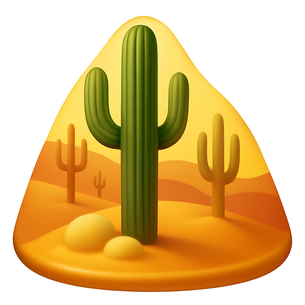 Create a desert emoji in the style of iOS emojis. The shape should be a sand mountain instead of a square, keeping the same cacti, sand, and colors. The sand mountain should be smooth and shiny. emoji