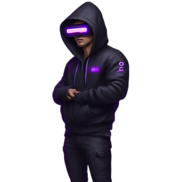 Russian man in the black hoody with violet letters "OMG VR" on it wearing vr headset. Cyberpunk style. Violet neon. emoji