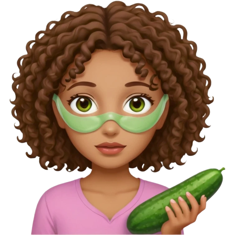 lightskin girl having a spa day with green skincare clay mask and ,cucumbers on her eyeballs  and brown curly hair and a pink shirt not holding it in her hand emoji