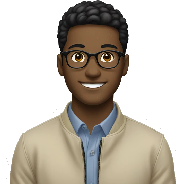 20-year-old young man, smiling, with beige jacket, circular glasses, short black hair emoji