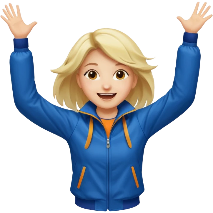 A girl in a sporty jacket, jumping slightly while cheering loudly. emoji