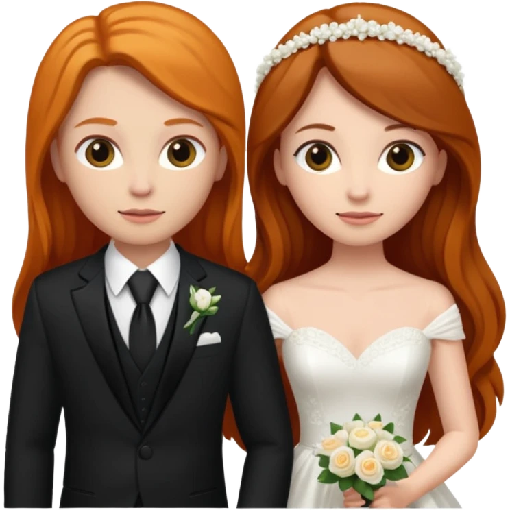 two girls getting married. one ginger with long hair in a BLACK SUIT. one dark haired brunette in a WEDDING dress emoji